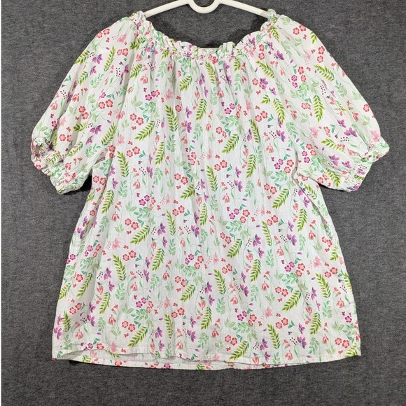 St Johns Bay White Floral Women's Round Neck‎ Peasant Style Blouse Size L - Picture 2 of 7